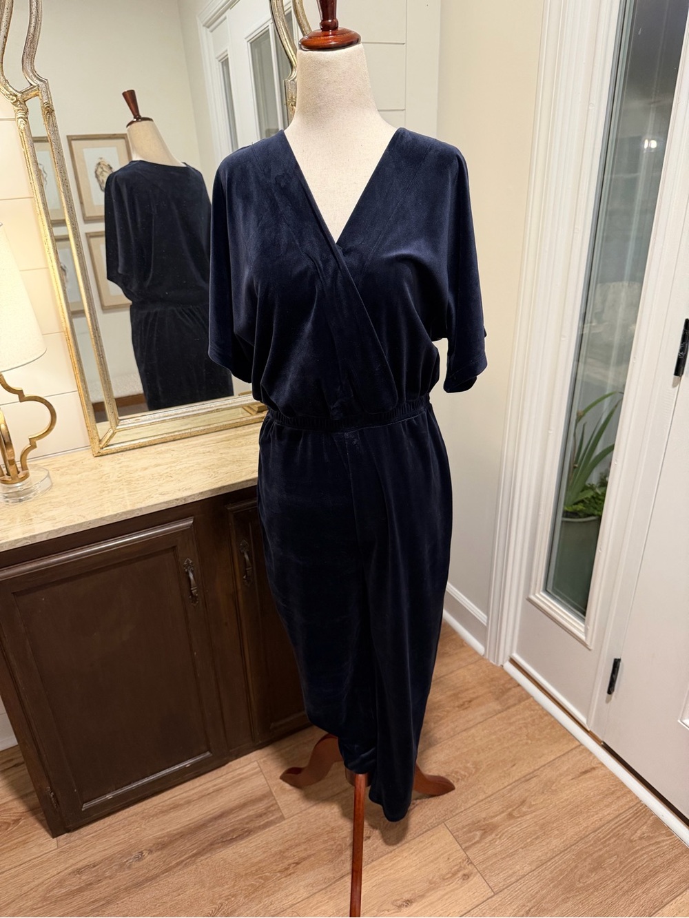 Navy Velvet Wrap-Style Jumpsuit